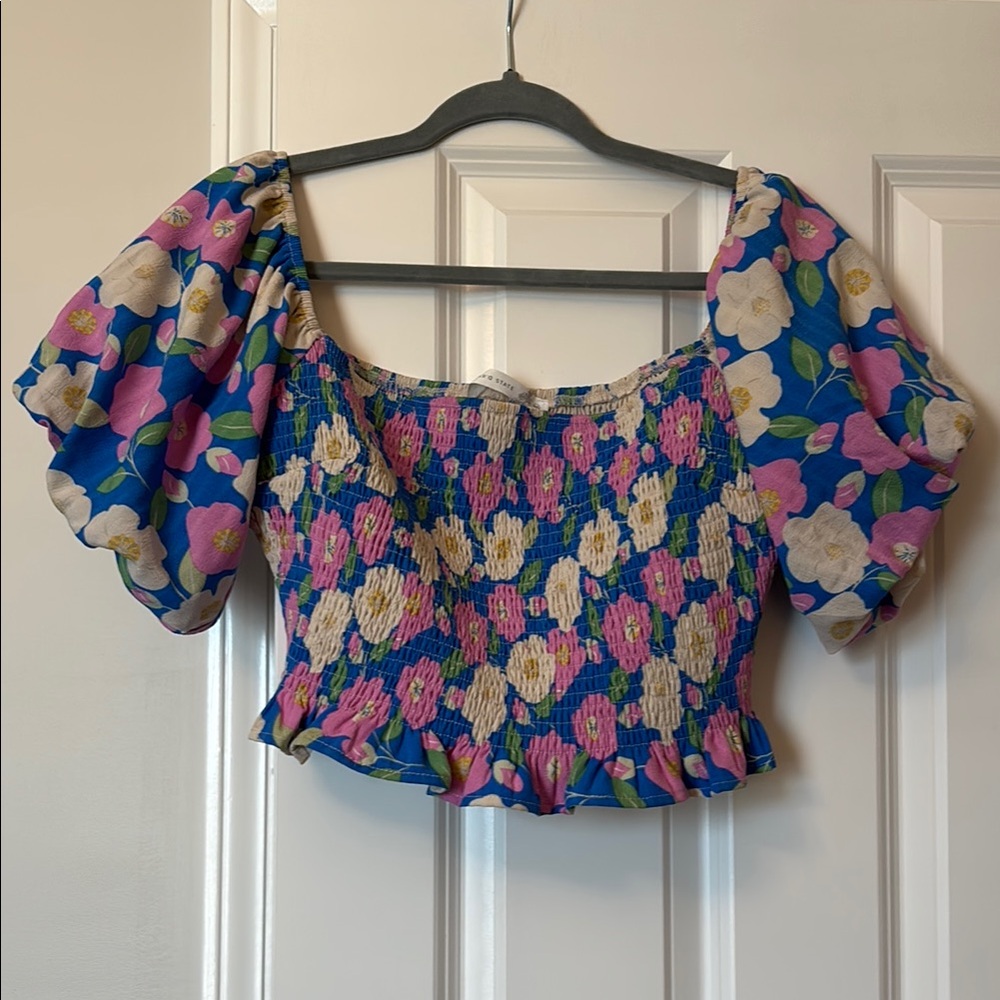 Floral Puff Sleeve Top - Blue and Pink